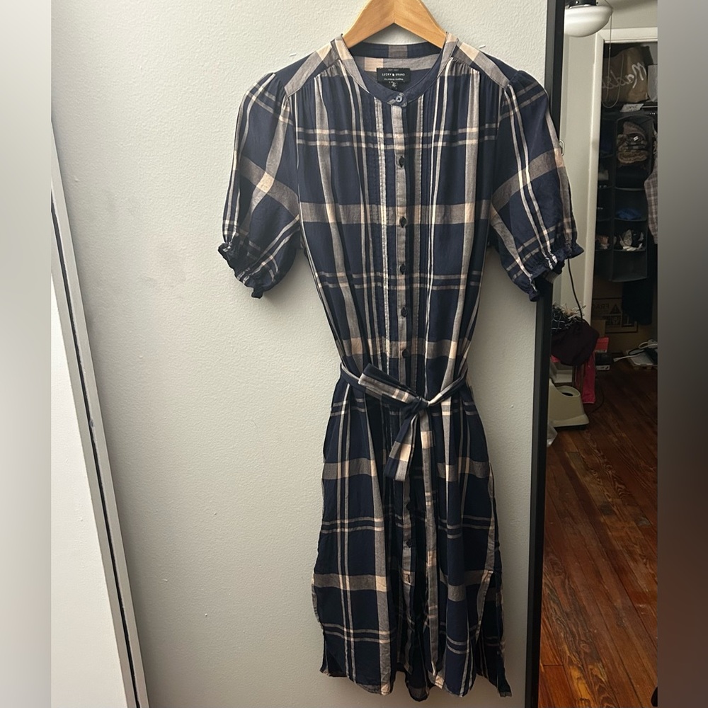 Lightweight Lucky Brand Plaid Button-Down Dress Size Medium with slip